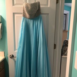 Long blue Sherri Hill formal dress